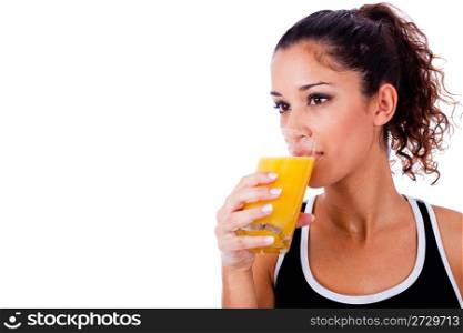 fitness girl drinking fresh juice on white isolated background