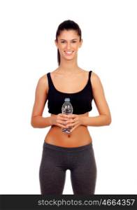 Fitness girl drinking water isolated on a white background