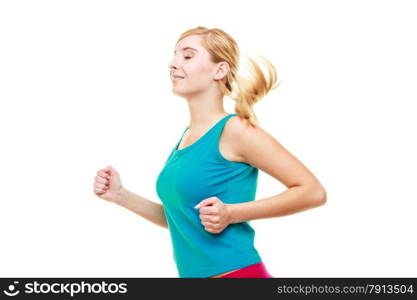 Fitness girl running. Sport young woman jogging. Active healthy lifestyle. Isolated on white.