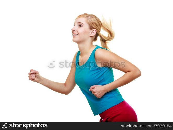 Fitness girl running. Sport young woman jogging. Active healthy lifestyle. Isolated on white.