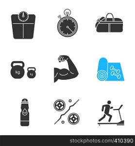 Fitness glyph icons set. Floor scales, stopwatch, sports bag, kettlebells, bicep muscle, yoga carpet, water bottle, barbell, treadmill. Silhouette symbols. Vector isolated illustration. Fitness glyph icons set