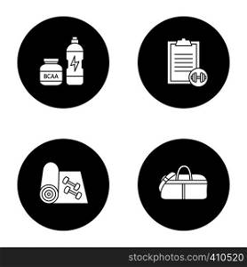 Fitness glyph icons set. Sport equipment. BCAA supplement, exercise guide, fitness mat and dumbbells, sports bag. Vector white silhouettes illustrations in black circles. Fitness glyph icons set