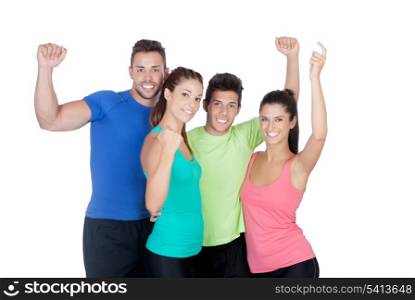 Fitness happy friends celebrating something isolated on a white background