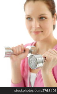 Fitness happy woman exercise with dumbbell on white background