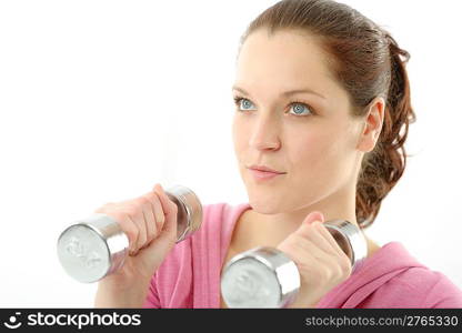 Fitness happy woman exercise with dumbbell on white background