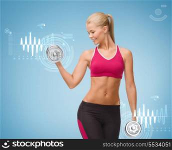 fitness, healthcare and dieting concept - young sporty woman lifting steel dumbbell