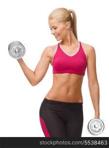 fitness, healthcare and dieting concept - young sporty woman lifting steel dumbbell