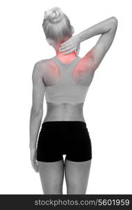 fitness, healthcare and medicine concept - sporty woman touching her neck