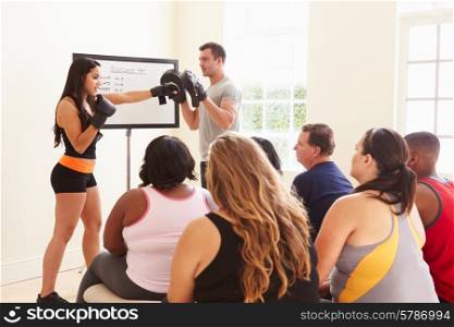 Fitness Instructor Addressing Overweight People At Diet Club