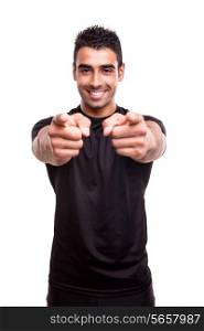 Fitness instructor pointing front over white background