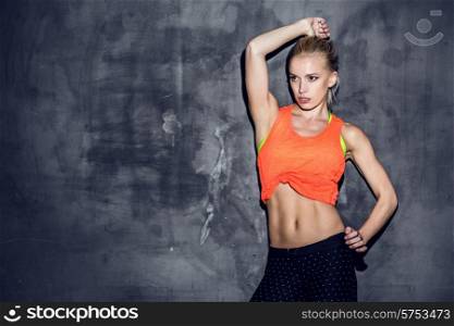fitness lifestyle portrait, caucasian model, trained body