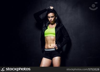 fitness lifestyle portrait, caucasian model, trained body