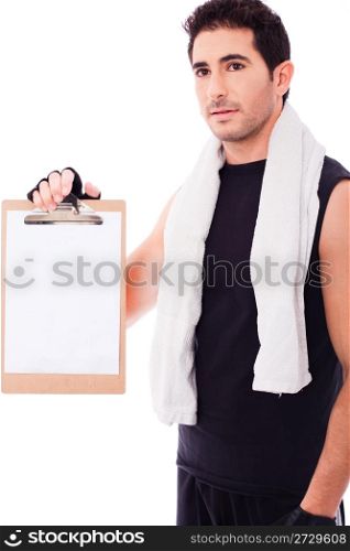 Fitness Man showing a blank clip board on a isolated white background