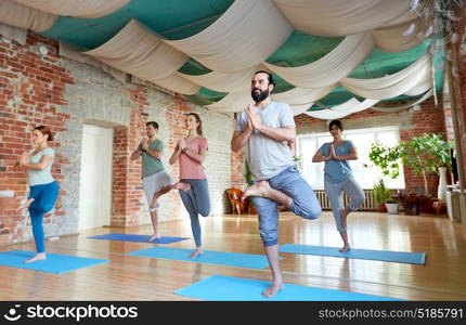 fitness, meditation and healthy lifestyle concept - group of people doing yoga in tree pose at studio. group of people doing yoga tree pose at studio