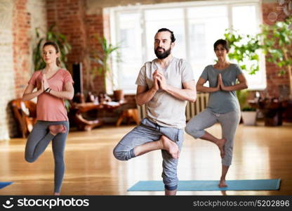 fitness, meditation and healthy lifestyle concept - group of people doing yoga in tree pose at studio. group of people doing yoga tree pose at studio