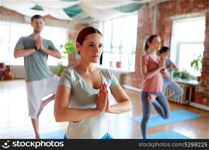 fitness, meditation and healthy lifestyle concept - group of people doing yoga in tree pose at studio. group of people doing yoga tree pose at studio