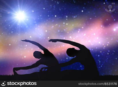 fitness, mindfulness and harmony concept - black silhouette of couple making yoga exercises over space background. couple making yoga exercises over space background. couple making yoga exercises over space background