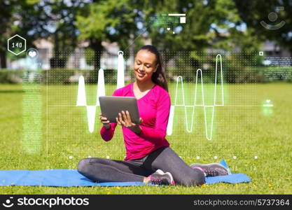 fitness, park, technology and sport concept - smiling african american woman with tablet pc computer sitting on mat outdoors