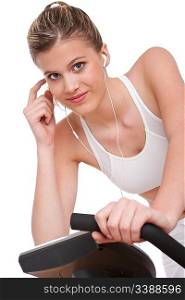 Fitness series - Woman with headphones cycling on white background