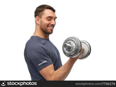 fitness, sport and bodybuilding concept - happy smiling man exercising with dumbbells over white background. happy smiling man exercising with dumbbells