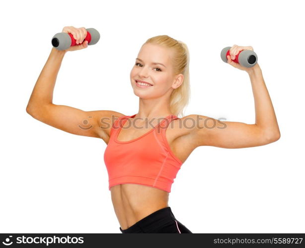 fitness, sport and diet concept - smiling beautiful sporty woman with dumbbells