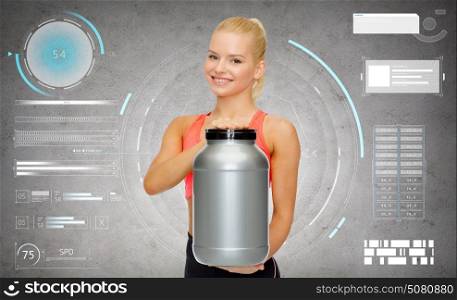 fitness, sport and diet concept - smiling sporty woman with jar of protein over gray concrete background. smiling sporty woman with jar of protein