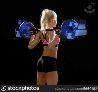 fitness, sport and dieting concept - sporty woman exercising with barbell from back