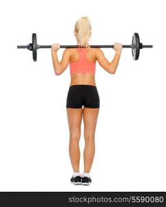 fitness, sport and dieting concept - sporty woman exercising with barbell from the back
