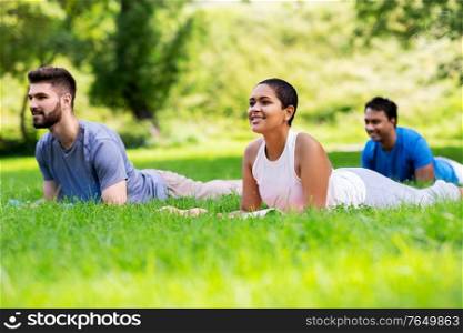 fitness, sport and healthy lifestyle concept - group of happy people doing yoga sphinx pose at summer park. group of people doing yoga at summer park
