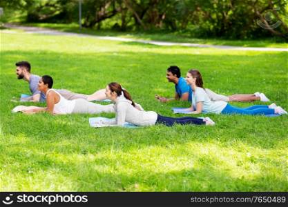 fitness, sport and healthy lifestyle concept - group of happy people doing yoga sphinx pose at summer park. group of people doing yoga at summer park