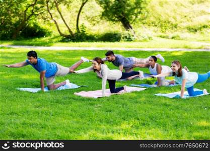fitness, sport and healthy lifestyle concept - group of happy people doing yoga at summer park. group of people doing yoga at summer park