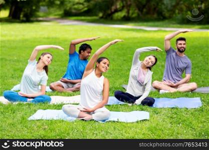 fitness, sport and healthy lifestyle concept - group of happy people exercising at summer park. group of people exercising at summer park