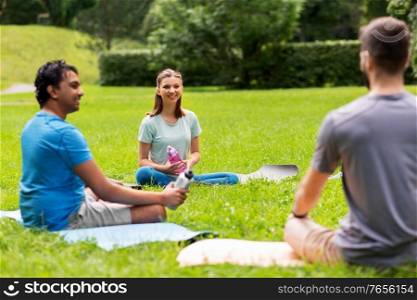 fitness, sport and healthy lifestyle concept - group of happy people sitting on yoga mats at park. group of people sitting on yoga mats at park