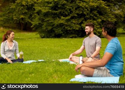 fitness, sport and healthy lifestyle concept - group of happy people sitting on yoga mats at park and talking. group of people sitting on yoga mats at park
