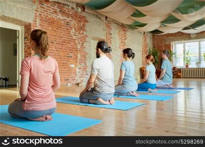fitness, sport and healthy lifestyle concept - group of people doing yoga seated kneeling pose on mats at studio. group of people doing yoga kneeling pose at studio