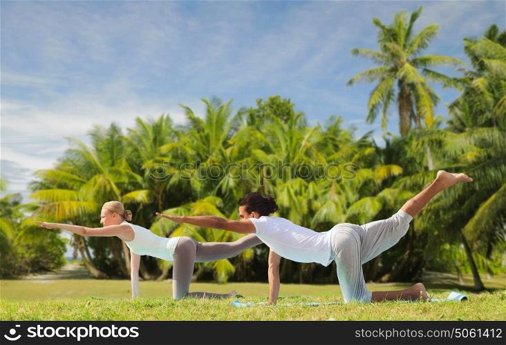 fitness, sport and people concept - couple making yoga balancing table pose outdoors over exotic natural background with palm trees. couple making yoga balancing table pose outdoors