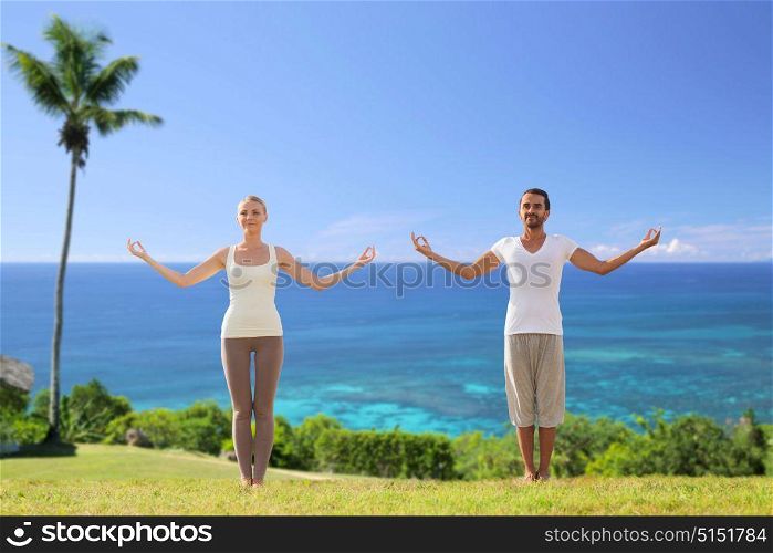 fitness, sport and people concept - happy couple making yoga and meditating over exotic natural background with palm tree and ocean. happy couple making yoga exercises on beach