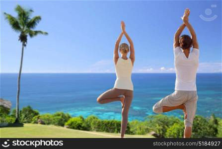 fitness, sport and people concept - happy couple making yoga and meditating over exotic natural background with palm tree and ocean. happy couple making yoga exercises on beach