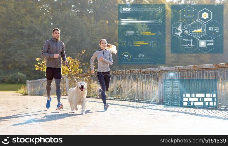 fitness, sport and people concept - happy couple with dog running outdoors. happy couple with dog running outdoors