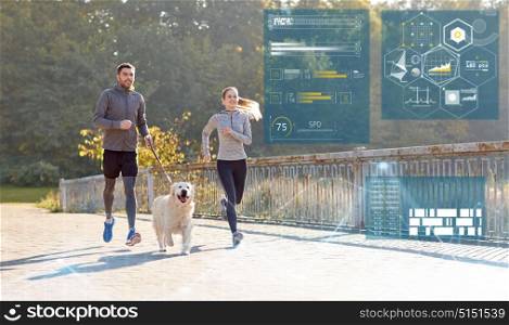 fitness, sport and people concept - happy couple with dog running outdoors. happy couple with dog running outdoors