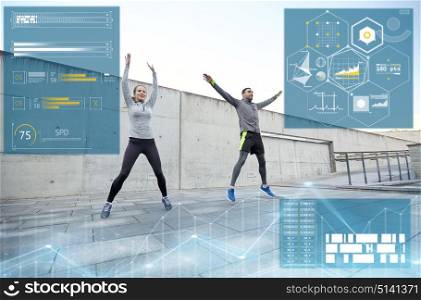 fitness, sport and people concept - happy man and woman jumping outdoors. happy man and woman jumping outdoors
