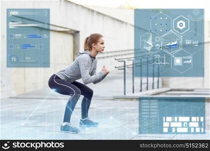 fitness, sport and people concept - happy woman doing squats outdoors. woman doing squats and exercising outdoors