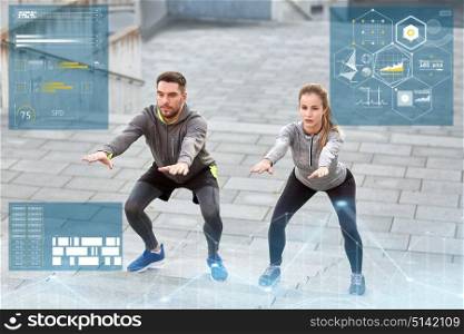 fitness, sport and people concept - man and woman doing squats outdoors. couple doing squats and exercising outdoors