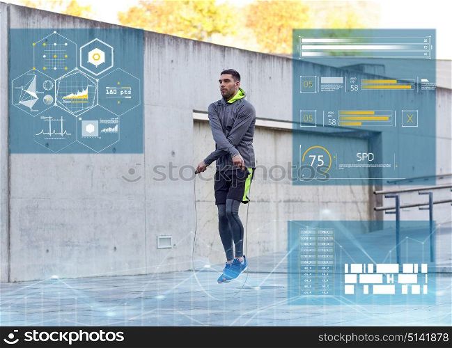 fitness, sport and people concept - man skipping with jump rope outdoors. man exercising with jump-rope outdoors