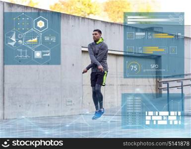 fitness, sport and people concept - man skipping with jump rope outdoors. man exercising with jump-rope outdoors