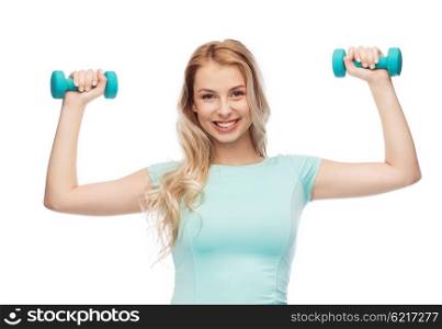 fitness, sport, exercising and people concept - smiling beautiful sporty woman with dumbbell