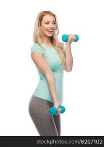 fitness, sport, exercising and people concept - smiling beautiful sporty woman with dumbbells