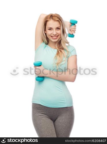 fitness, sport, exercising and people concept - smiling beautiful sporty woman with dumbbells