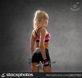 fitness, sport, exercising and people concept - sporty woman with heavy steel dumbbells from back over concrete wall background
