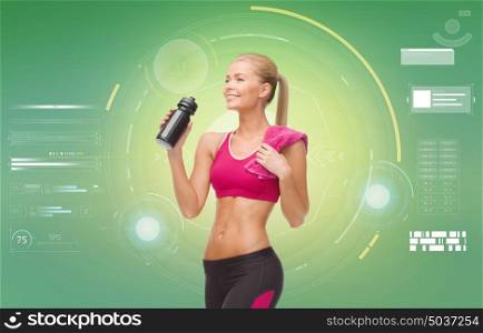 fitness, sport, exercising, slimming and people concept - smiling sporty woman with bottle of water and towel over green background. sporty woman with bottle of water and towel